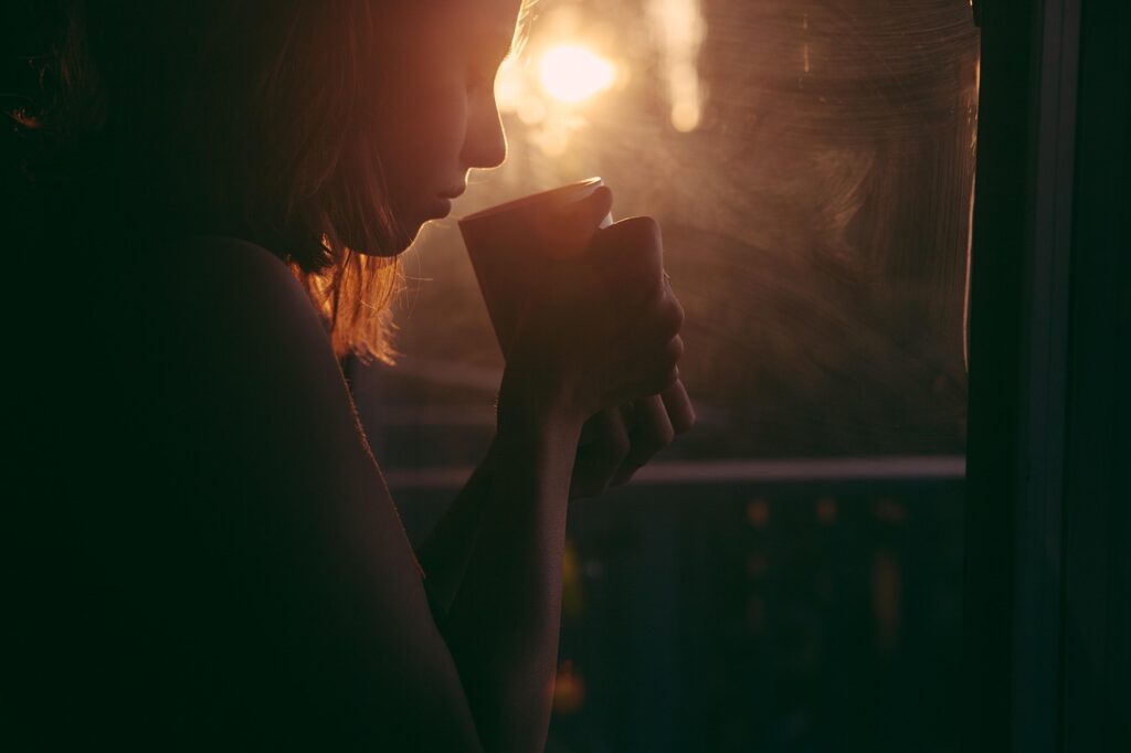 girl, drinking, tea, nature, coffee cup, sunset, sad woman, young, woman, sipping